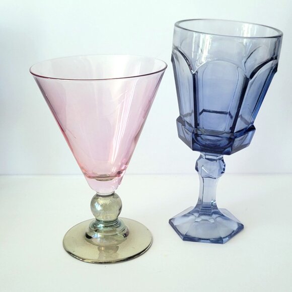 Retro Mis Matched Drinking Glass Set Vintage Post Modern Home Decor Unique Wine - Picture 7 of 7